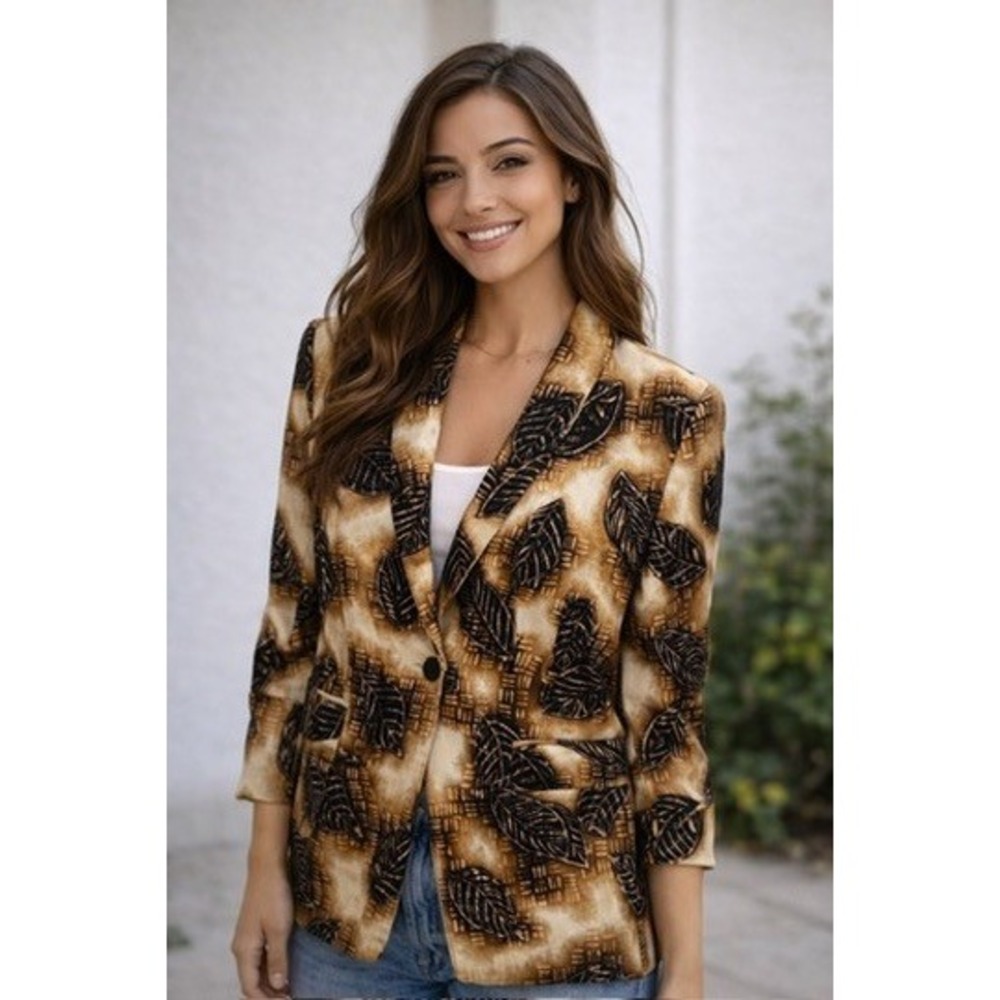 Versailles Vintage Leaf Print Blazer Brown Tan Black Single Button Made in USA L